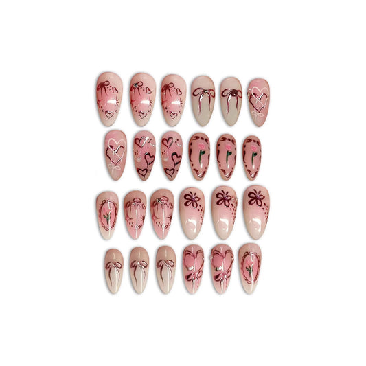 Charming Romance Short Almond Pink Press on Nail Set with Bow and Floral Designs