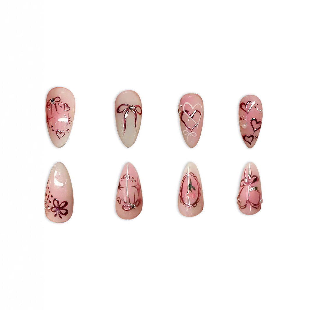 Sweetheart Glamour Elegant Short Almond Shaped Pink Nails with Adorable Bow and Heart Art