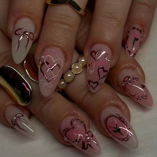 Charming Romance Short Almond Shaped Pink with Heart and Bow Designs Press on Nail Set