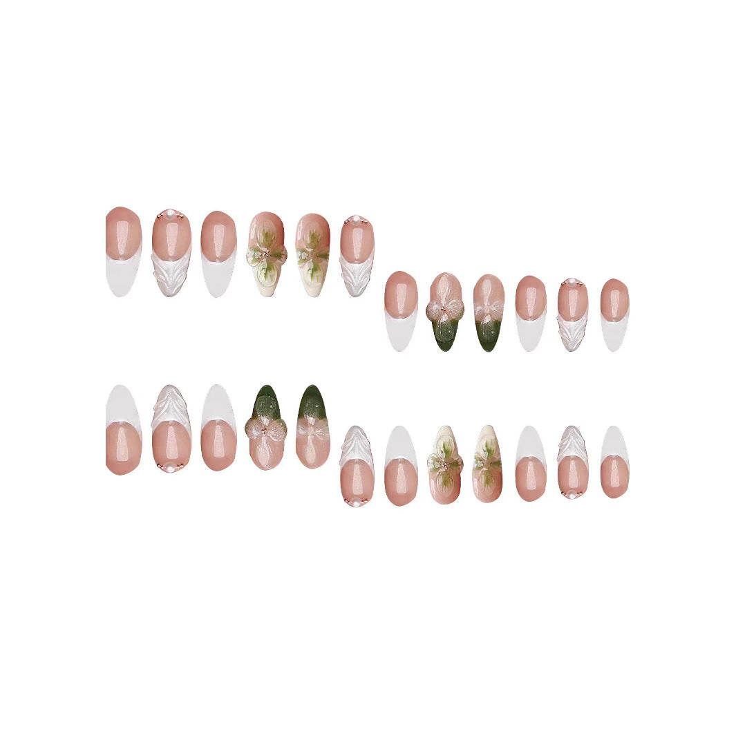 Botanical Elegance Short Almond Pink and White Ombre with Floral Artistry Press-On Nail Set