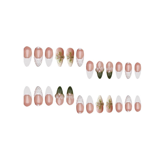 Botanical Elegance Short Almond Pink and White Ombre with Floral Artistry Press-On Nail Set