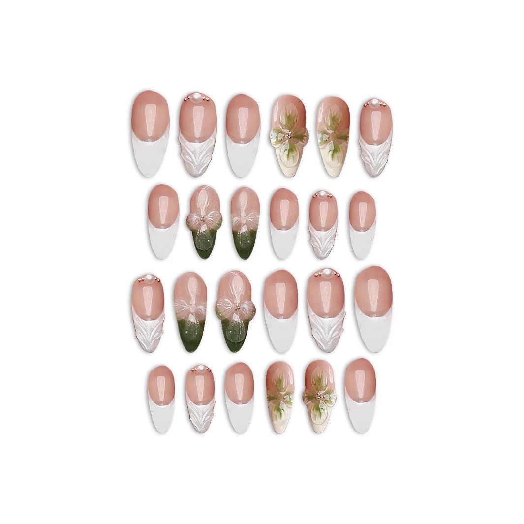 Garden Elegance Short Almond Beige and White Press On Nail Set with Floral Accents