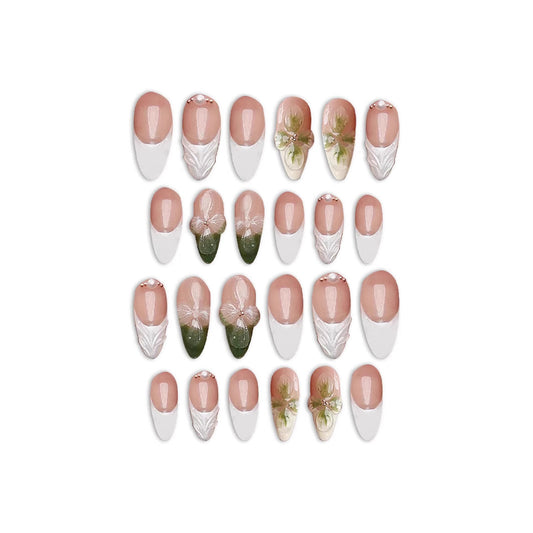 Garden Elegance Short Almond Beige and White Press On Nail Set with Floral Accents