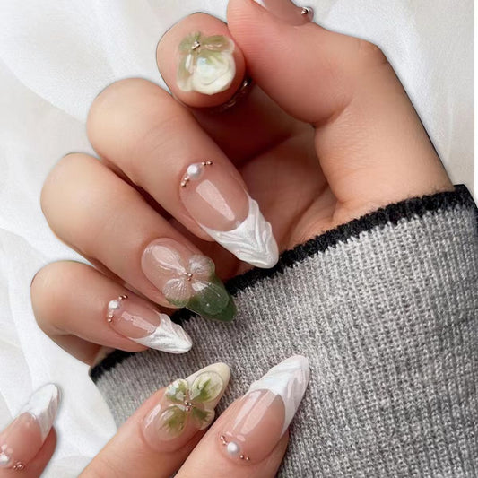 Whimsical Floral Elegance Long Almond Glossy White with Botanical Accents Press On Nail Set