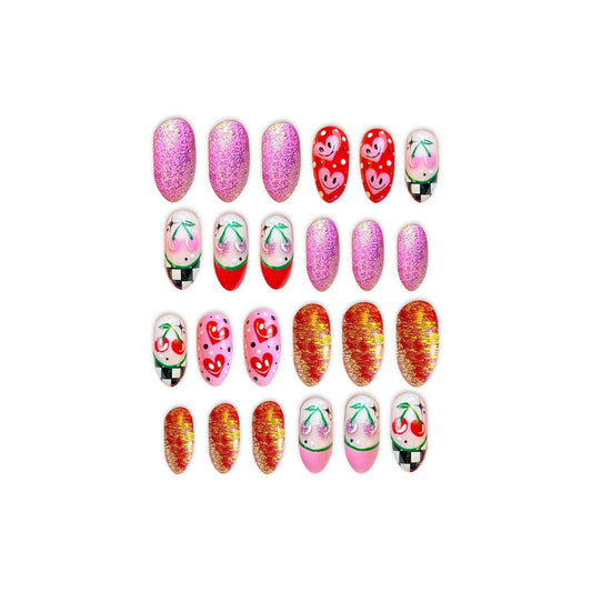 Cherry Blossom Delight Glamorous Short Oval Glittering and Heart-Embellished Press-On Nail Set