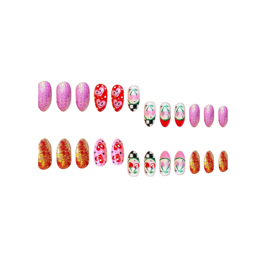Cherry Blossom Whimsy Short Almond Pink Glitter Press On Nail Set Featuring Charming Fruit Designs