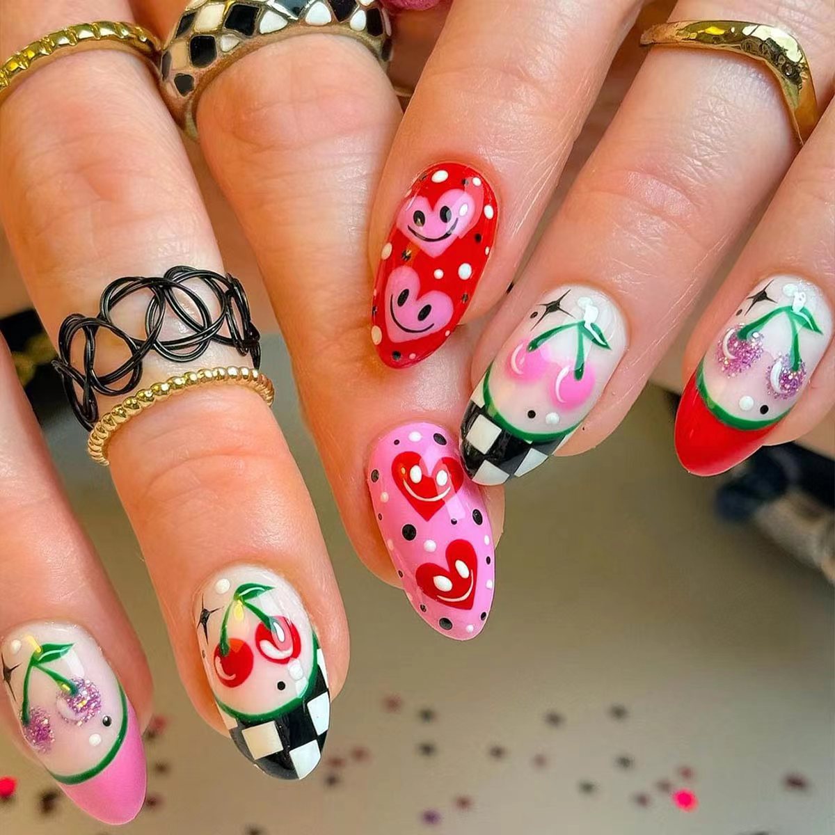 Cherry Blossom Delight Colorful Short Almond Shaped Nail Set with Playful Heart and Cherry Designs