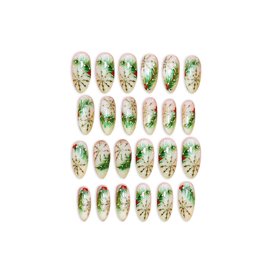 Festive Elegance Short Almond Green and Red Holiday Decor Press On Nail Set