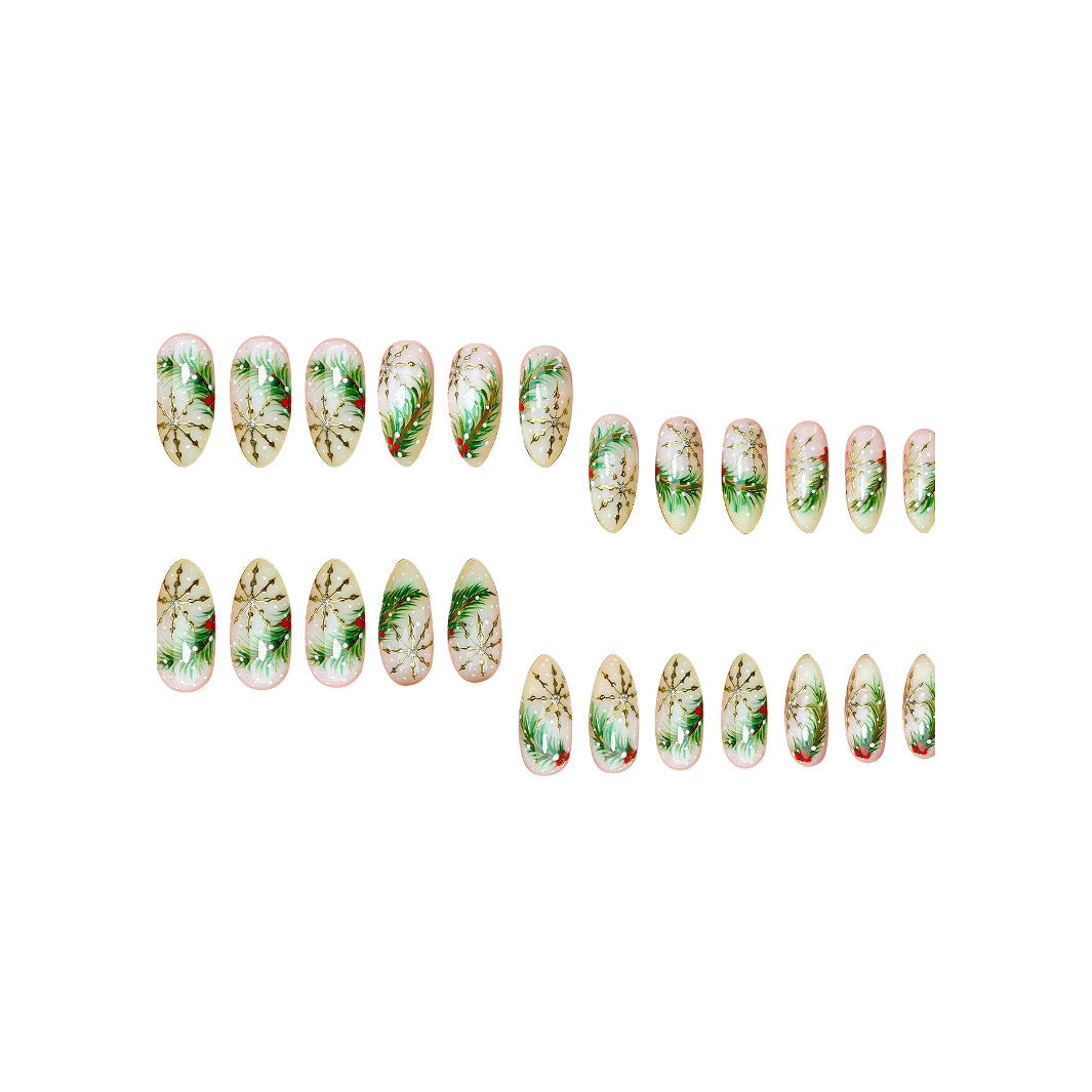 Tropical Paradise Short Almond Press On Nails in Soft Pink with Intricate Leaf Designs