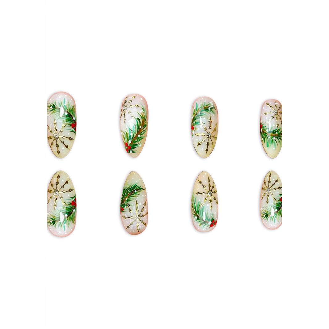 Festive Elegance Short Almond Green and Gold Holiday Themed Press-On Nail Set with Glittering Accents