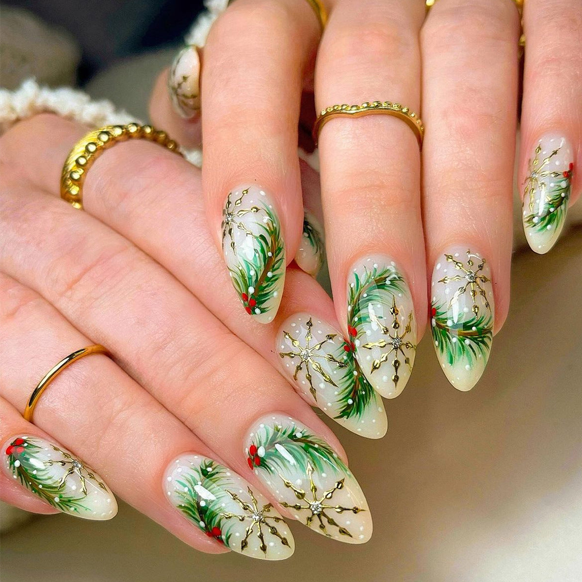 Festive Winter Wonderland Short Almond Green and White Press-On Nail Set with Elegant Holly and Snowflake Design