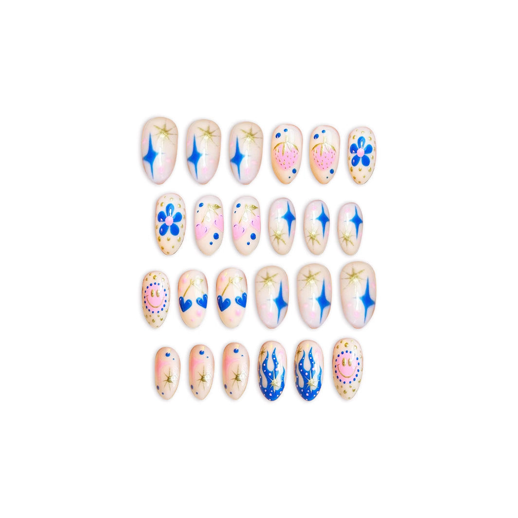 Celestial Dreamscape Short Almond Pink and Blue Press On Nail Set with Starry Designs and Floral Accents