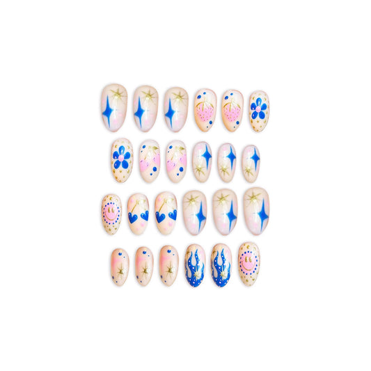 Celestial Dreamscape Short Almond Pink and Blue Press On Nail Set with Starry Designs and Floral Accents