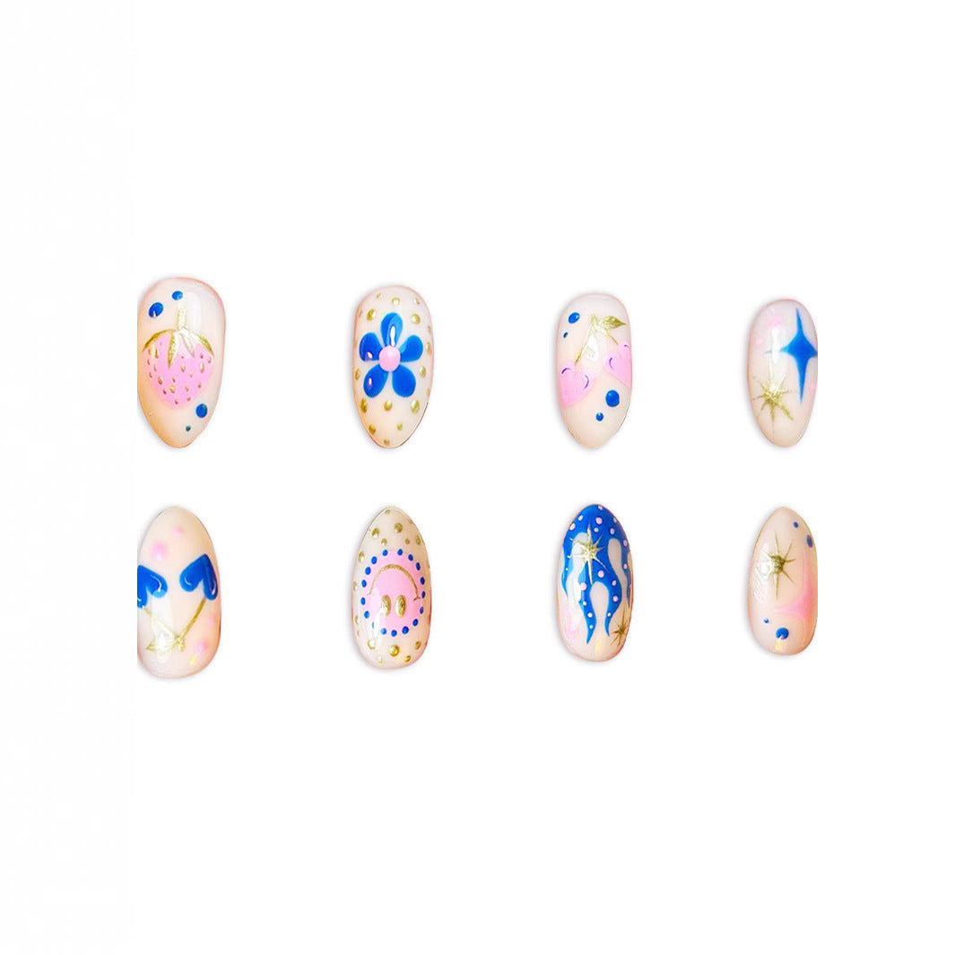 Whimsical Garden Short Almond Pastel Base with Starry Designs and Fruit Accents Press on Nail Set