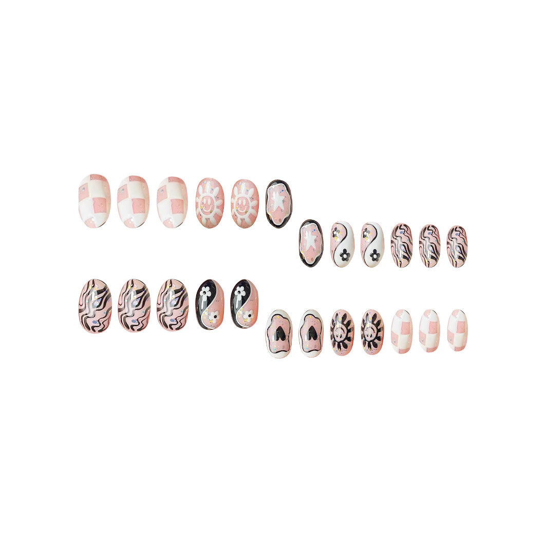 Bohemian Bliss Oval Short Pink and Black Checkerboard Floral Press-On Nail Set with Unique Artistic Designs