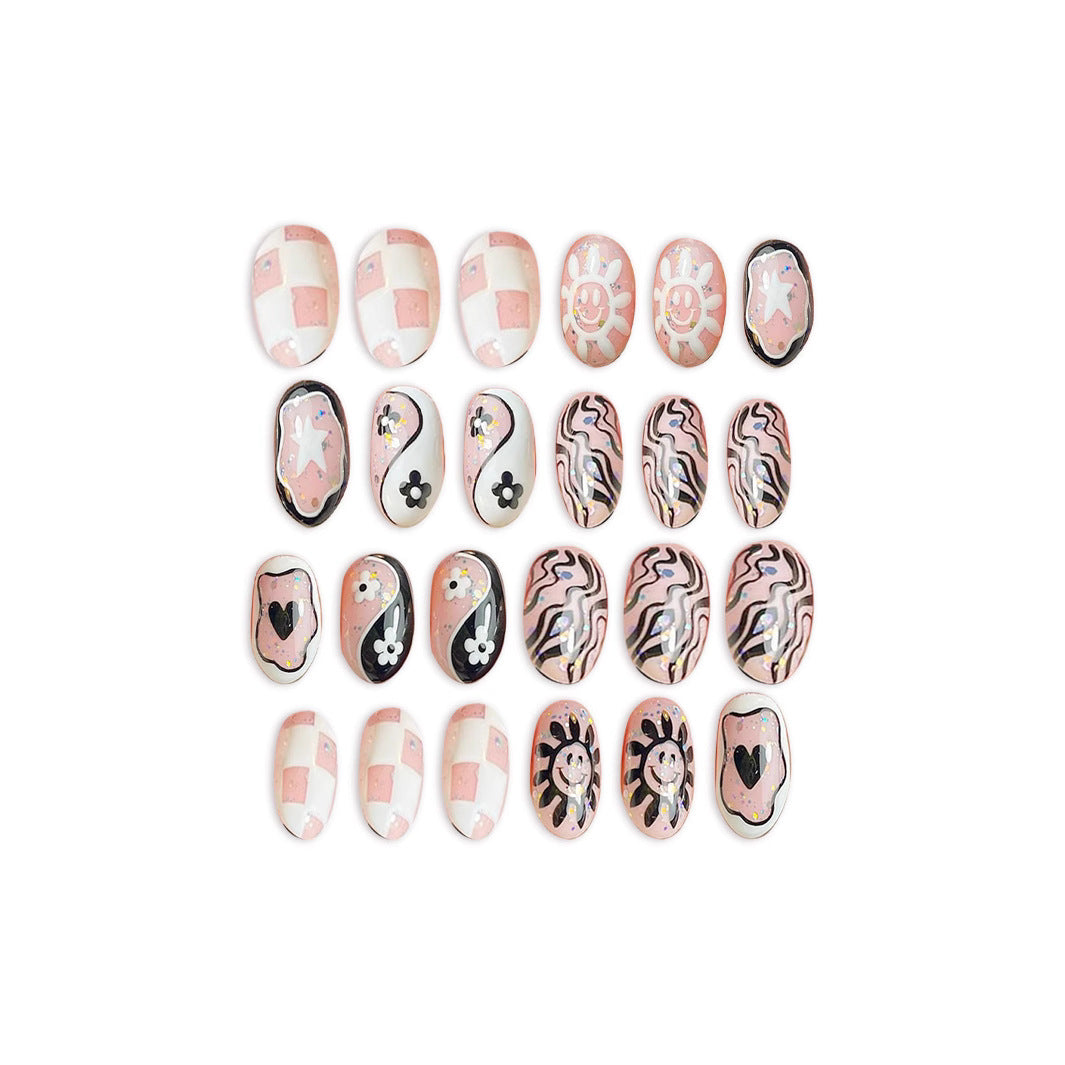 Whimsical Spring Themed Short Oval Pink and White Checkered Nail Press Set with Fun Graphic Designs and Shimmering Accents