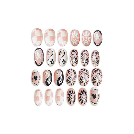 Whimsical Spring Themed Short Oval Pink and White Checkered Nail Press Set with Fun Graphic Designs and Shimmering Accents