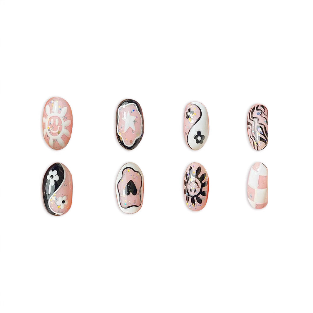 Sunshine Dreams Short Oval Blush Pink Press On Nail Set with Unique Floral and Abstract Designs