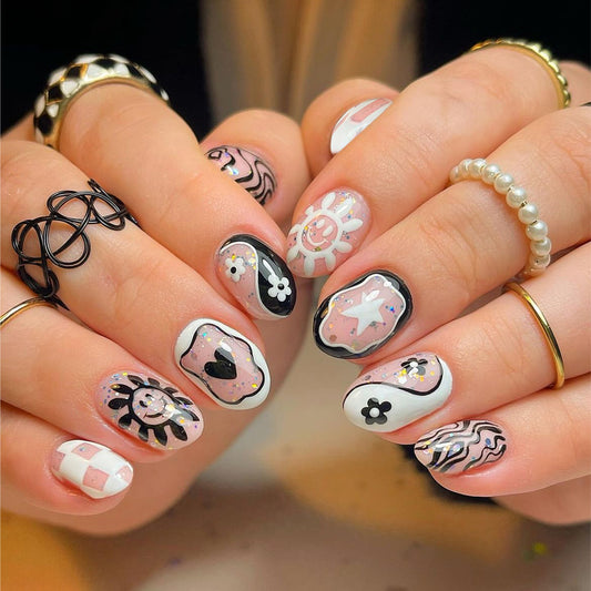 Bohemian Bliss Colorful Short Oval Press-On Nail Set with Artistic Floral and Abstract Designs