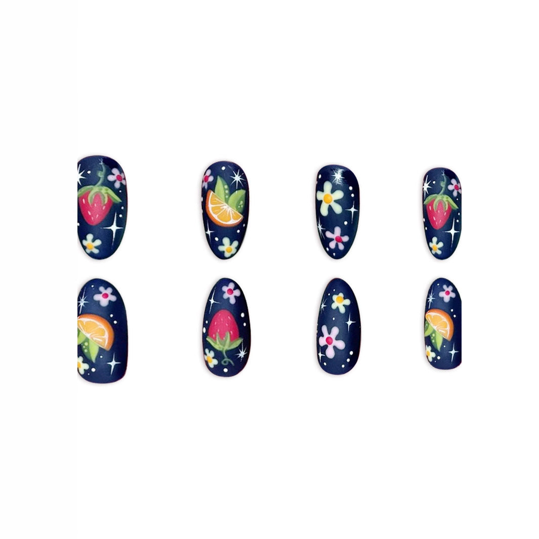 Garden Party Midnight Blue Short Almond Press On Nail Set with Vibrant Fruit and Floral Design