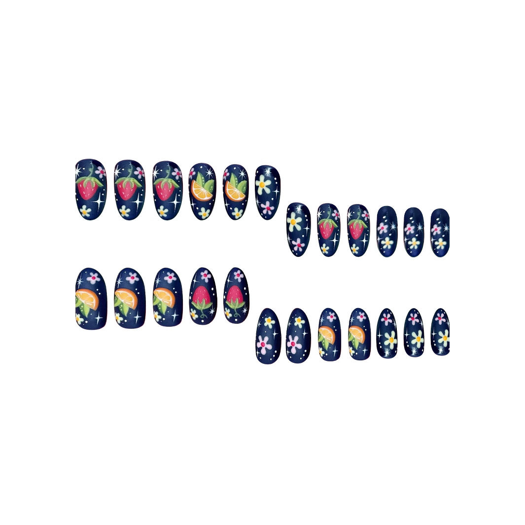 Tropical Delight Short Almond Shape Navy Blue Press on Nail Set with Colorful Fruit and Floral Designs