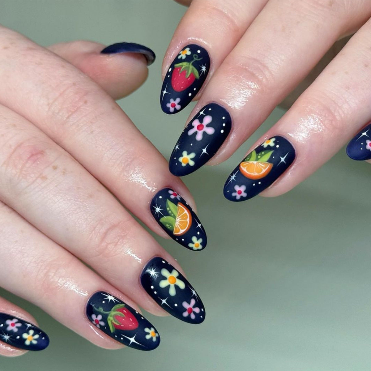 Tropical Delight Short Almond Navy with Vibrant Fruit and Floral Designs Press on Nail Set