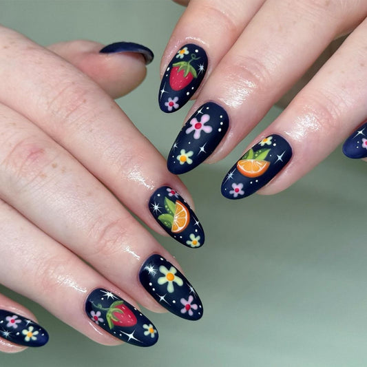 Tropical Delight Short Almond Navy with Vibrant Fruit and Floral Designs Press on Nail Set