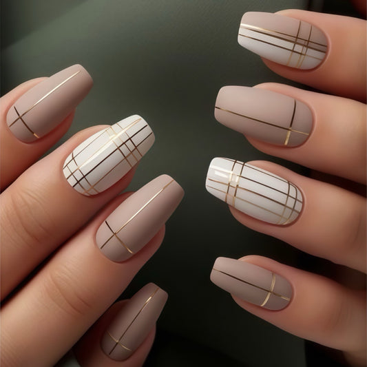 Chic Elegance Medium Coffin Beige and White Press on Nail Set with Glamorous Gold Stripes