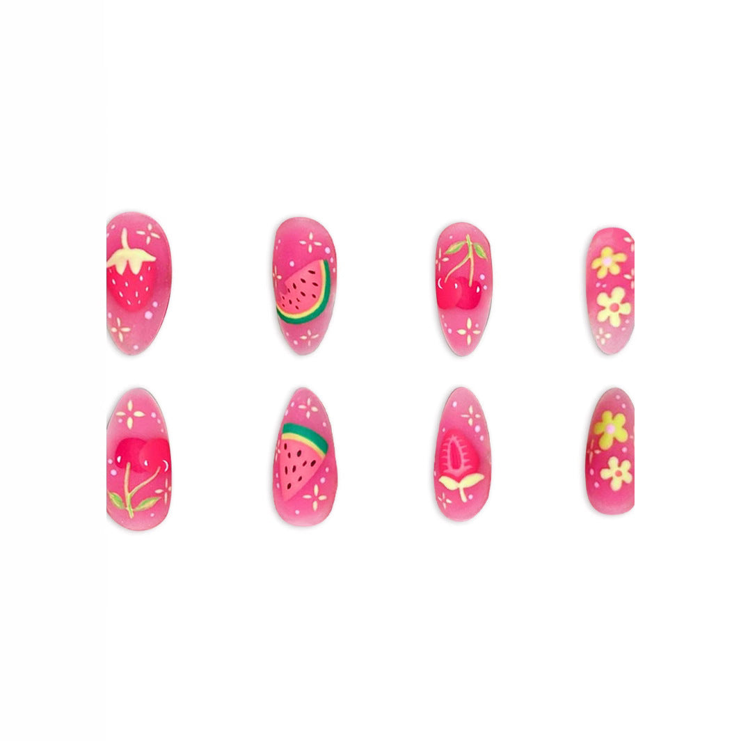 Fruit Fiesta Press-On Nail Set Short Almond Pink with Cute Hand-Painted Fruit Designs