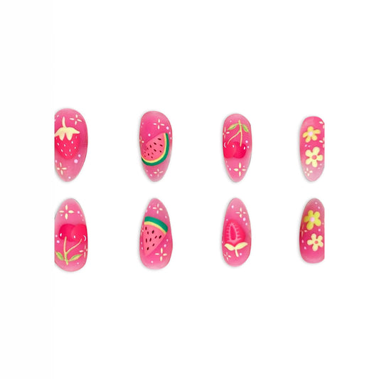 Fruit Fiesta Press-On Nail Set Short Almond Pink with Cute Hand-Painted Fruit Designs