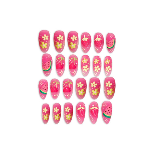 Tropical Delight Short Almond Pink Press On Nail Set with Fruit and Floral Designs