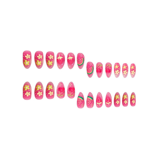 Tropical Bliss Fun Pink Short Almond Press On Nail Set with Vibrant Fruit and Floral Designs