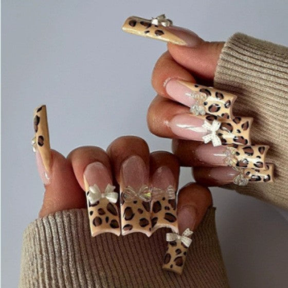Wild Safari Inspired Long Square Leopard Print Press On Nail Set with Sparkling Rhinestone Accents
