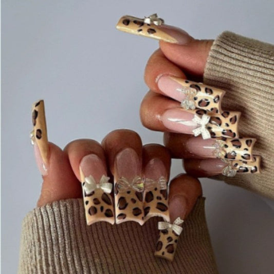 Wild Safari Inspired Long Square Leopard Print Press On Nail Set with Sparkling Rhinestone Accents