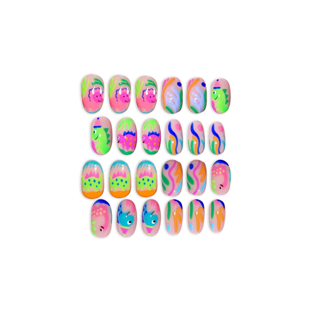 Under the Sea Fantasy Short Squoval Bright Multicolor Mermaid Theme with Unique Artistic Designs Press On Nail Set