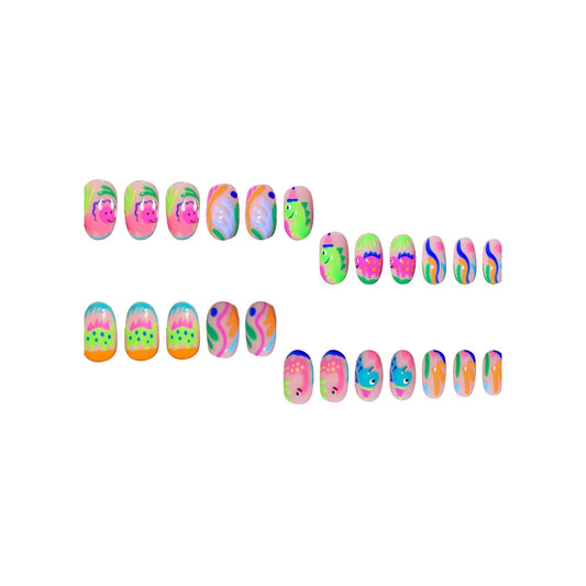Whimsical Wonderland Press-On Nail Set Short Squoval Neon Colors with Fun Animated Designs
