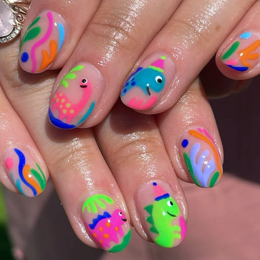 Underwater Wonderland Short Squoval Vibrant Multicolor Press-On Nail Set with Whimsical Fish Design