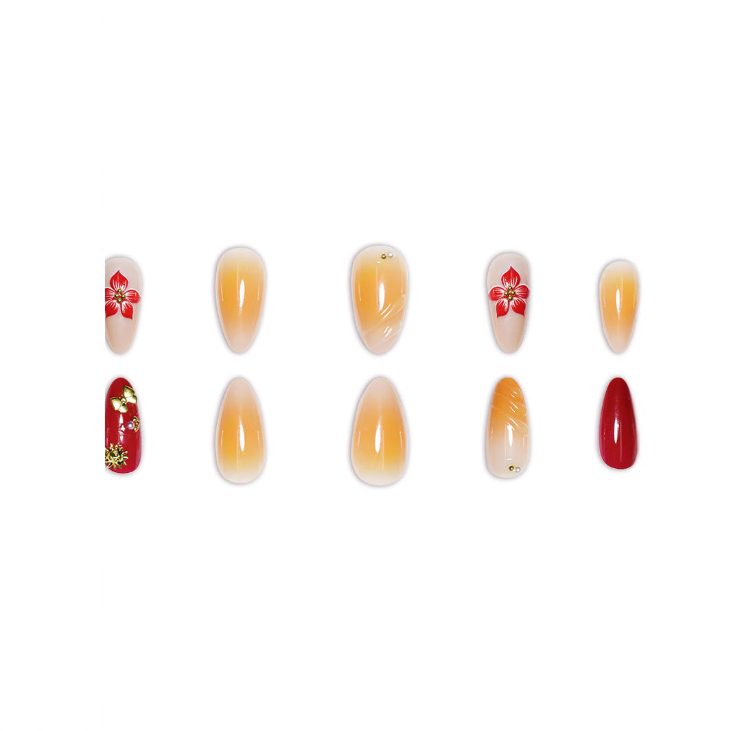 Elegant Floral Bliss Medium Almond Shaped Gradient Orange and Red Press On Nail Set with Unique Decorative Details