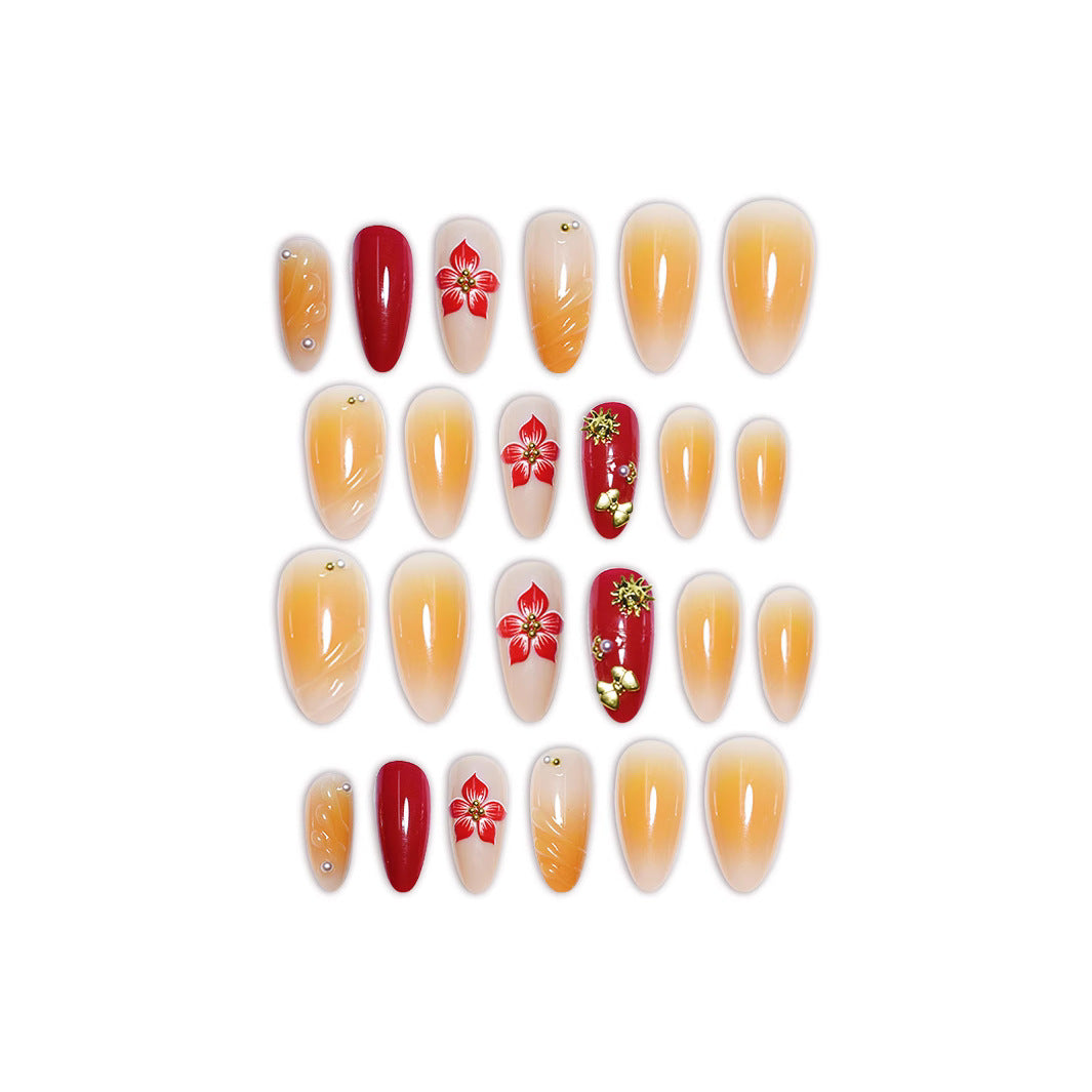 Floral Enchantment Medium Almond Ombre Orange and Red Press-On Nail Set with Elegant Floral Accents