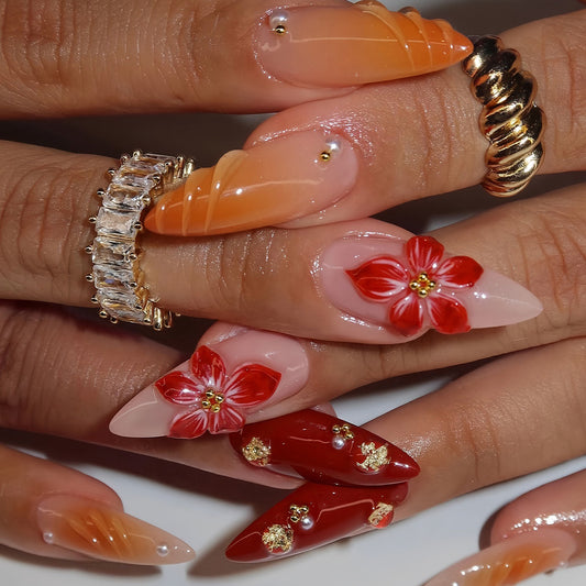 Tropical Elegance Long Almond Orange Ombre and Red Floral Press On Nail Set with Glitter Accents