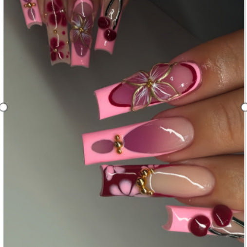 Blossoming Elegance Long Square Pink Press On Nail Set with Floral Designs and Glossy Finish