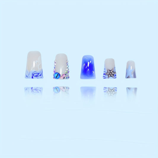 Chill Breeze Dreamy Blue Gradient Long Duck Press-On Nail Set with Rhinestone Accents