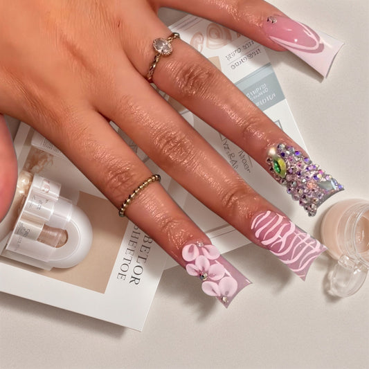 Whimsical Floral Dream Extra Long Duck Light Pink with Gemstone Accents Press On Nail Set