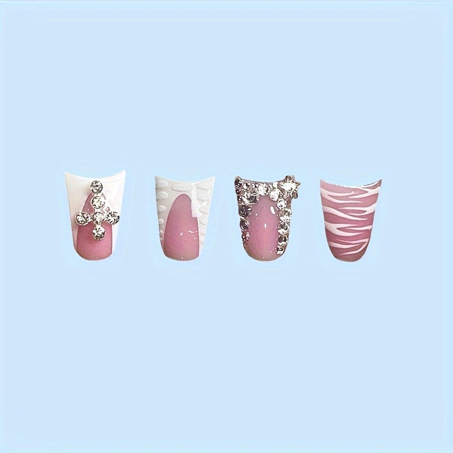 Glamorous Elegance Long Duck Pink White Jewel Adorned Nail Set