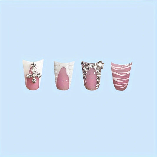Glamorous Elegance Long Duck Pink White Jewel Adorned Nail Set