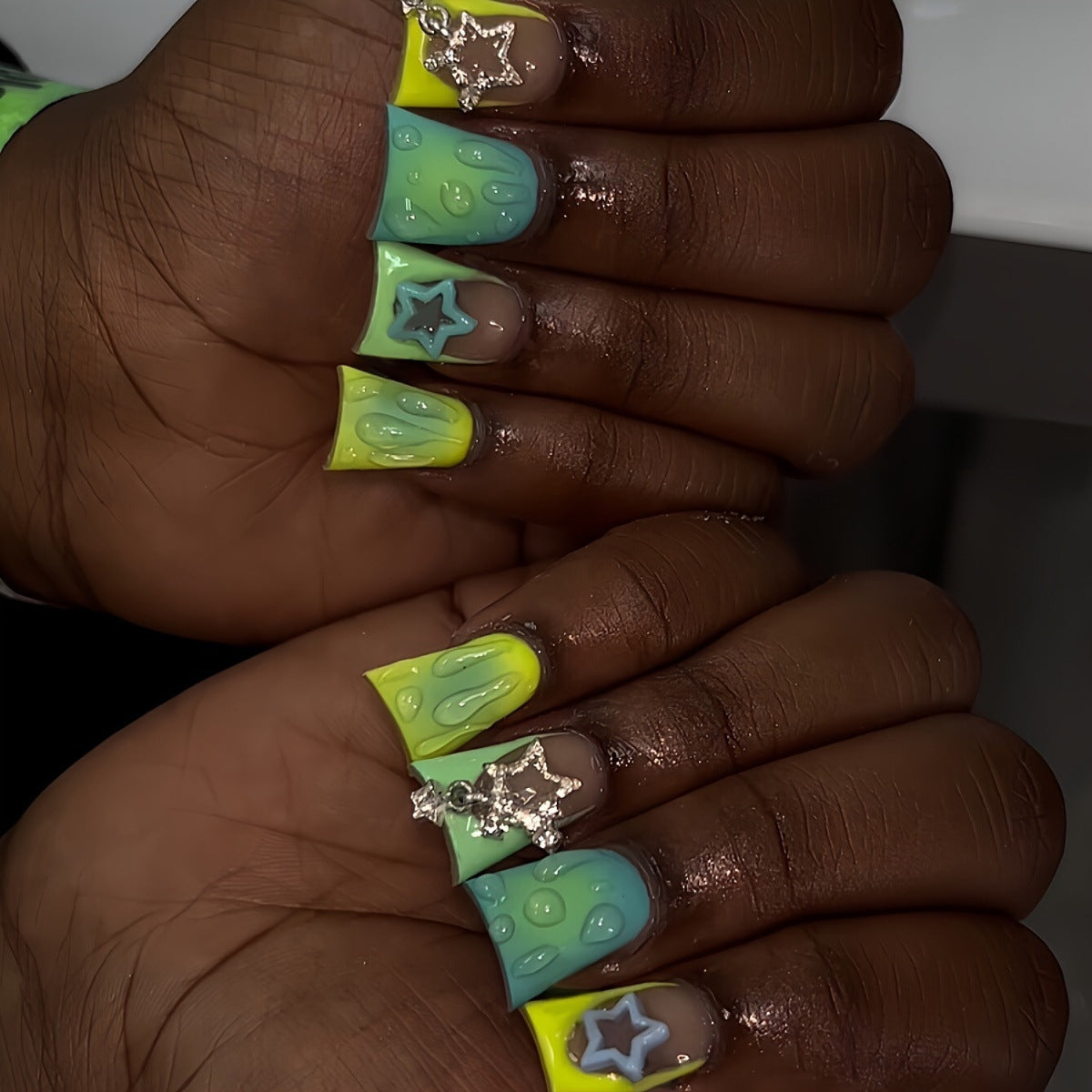 Tropical Dreams Long Duck Gradient Green and Yellow Press on Nail Set with Star and Gem Accents