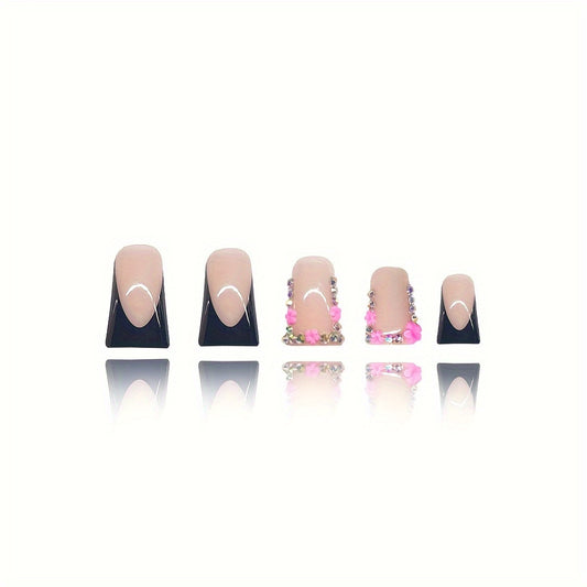 Glamourous Elegance Long Duck Shaped Beige Press On Nails with Colorful Floral Accents