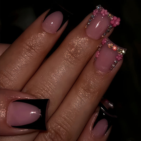 Chic Floral Elegance Short Square Pink and Black Press On Nails with Glamorous Floral and Rhinestone Accents
