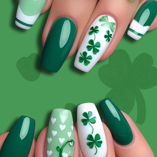 Lucky Charm Medium Coffin Green Press On Nail Set with Shamrock Design