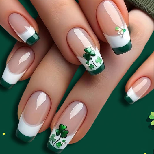 Lucky Charm Emerald Green Medium Coffin Press On Nail Set Featuring Beautiful Clover Art